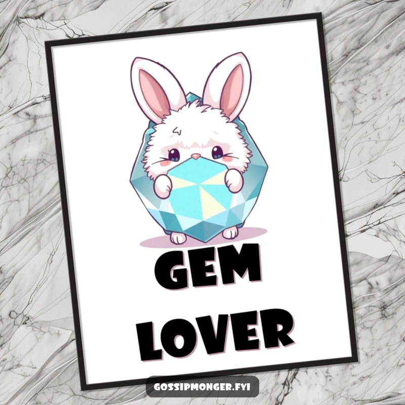 Funny poster of a fluffy bunny peeking from behind a massive, glittering gemstone. Enchanting art.