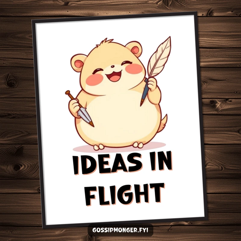 Funny poster of a plump, smiling creature gleefully scribbling notes with a comically oversized quill pen.