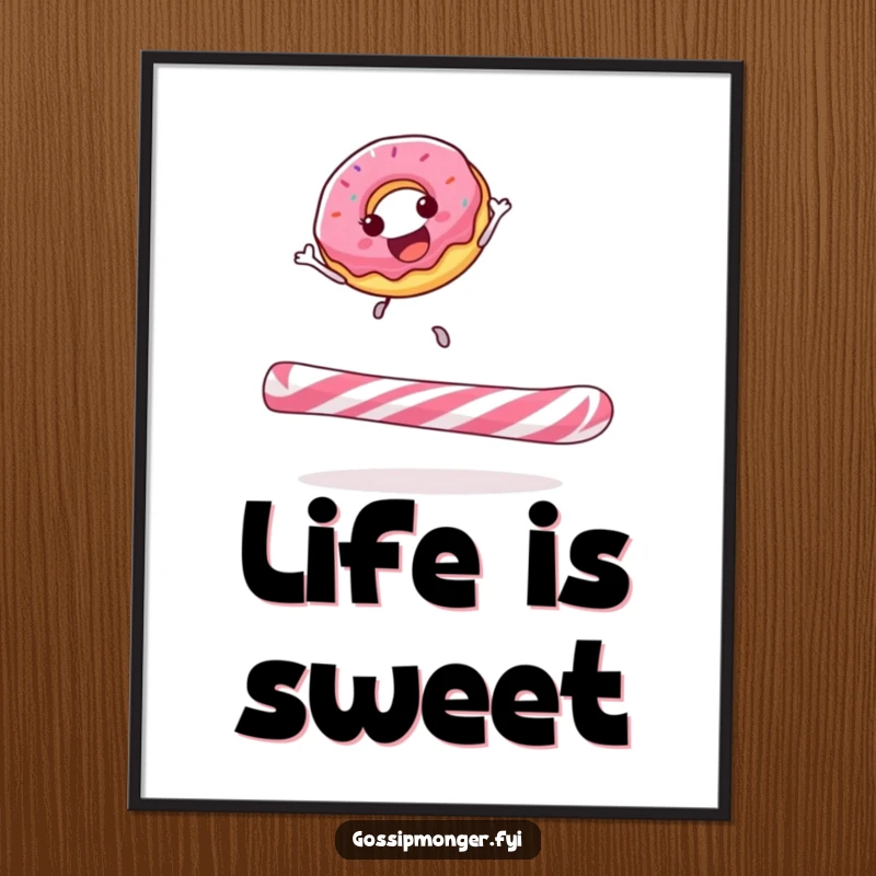 Funny donut poster displaying a happy donut gleefully bouncing on a colossal candy cane, radiating sweet, sugary joy and vibrant energy.