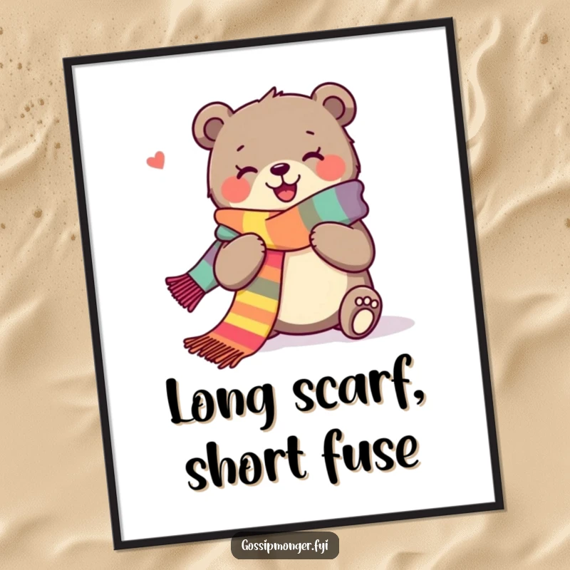 Funny poster art of a joyous bear happily knitting a very long, colorful scarf, creating a cozy atmosphere.