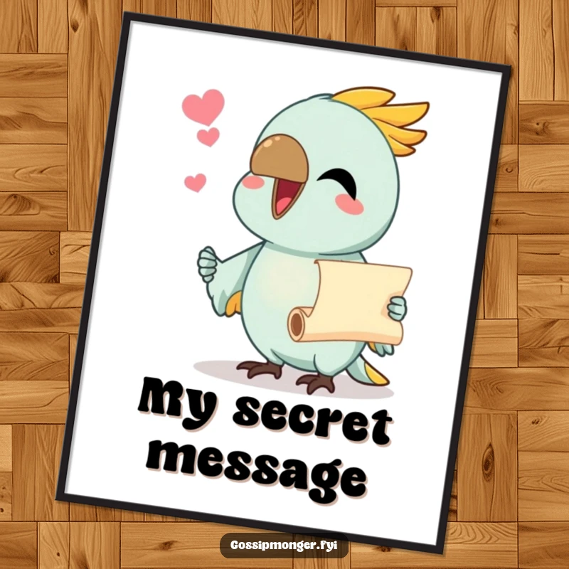 Funny poster art of a chatty parrot with beak wide open, sharing a tiny scroll, conveying exciting news.