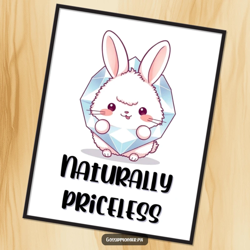 Funny poster print of a round, fluffy bunny peeking from behind a large, sparkling diamond, adding a playful and whimsical touch to any wall.