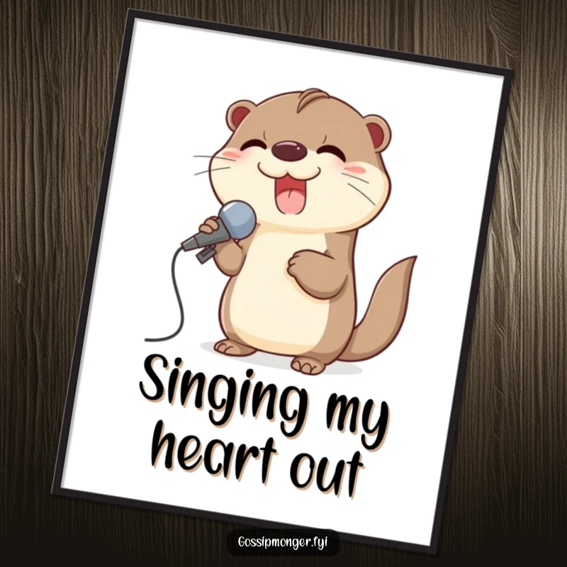 Funny poster of a giggling otter using a big seashell like a microphone, performing a song with joy.