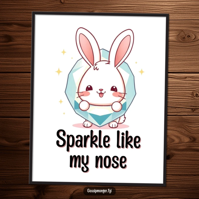 Funny Poster: A happy bunny secretly peeking from behind a giant, luminous gemstone, creating a cheerful and funny visual, excellent funny gift.