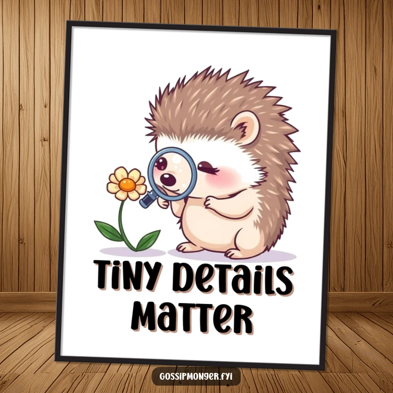 Funny tiny hedgehog with a magnifying glass examining a whispering flower, displayed as a whimsical and humorous art poster.