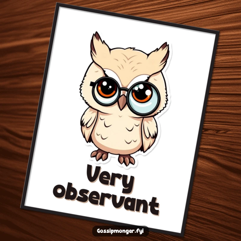 Funny poster featuring a tiny owl with a monocle, slyly winking, adding a touch of sophisticated humor.