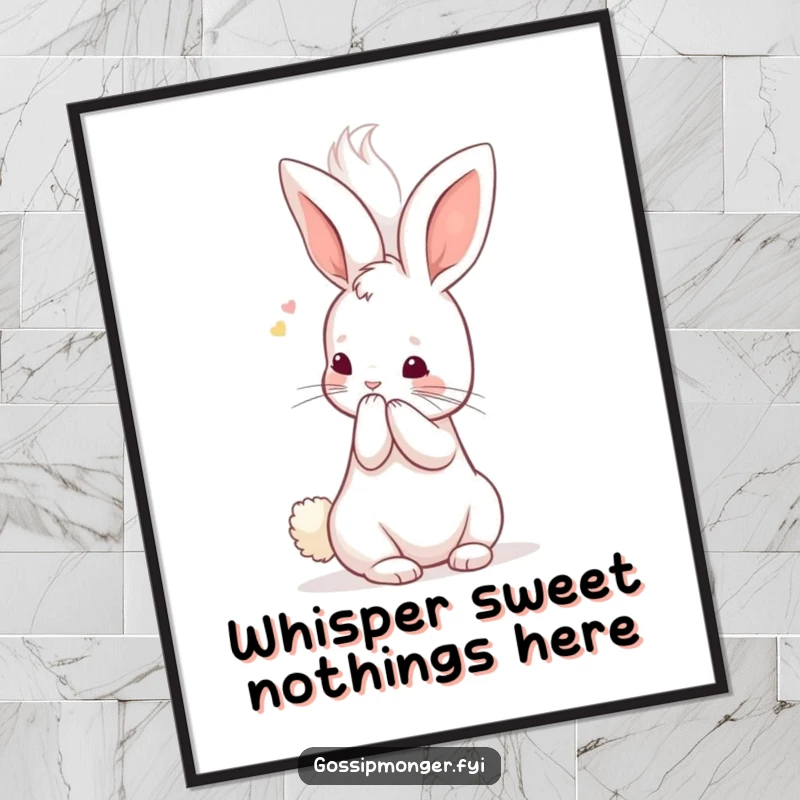 Funny Kawaii Rabbit Poster: A miniature, cute bunny whispers secrets into a giant, fluffy ear, creating a humorous and heartwarming scene.