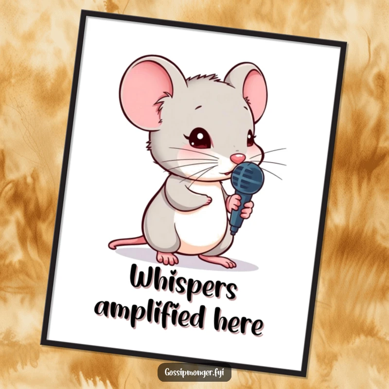 Funny mouse art poster, holding a tiny microphone, leaning to hear a secret, charming illustration, curious wall decor.