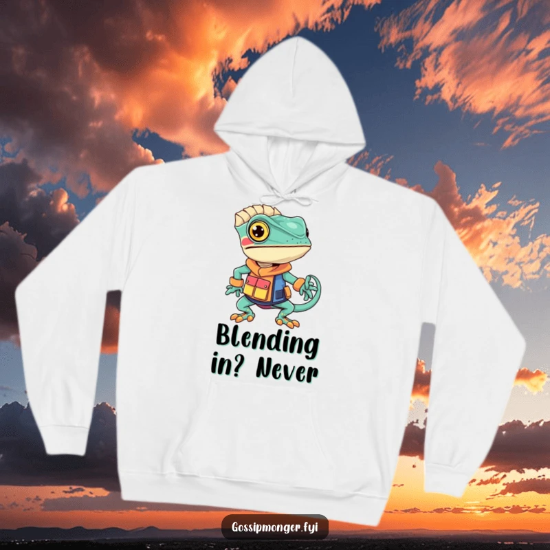 Funny chameleon hoodie depicting a confident chameleon sporting a unique, vibrantly colored outfit, perfect for cozy and stylish days.