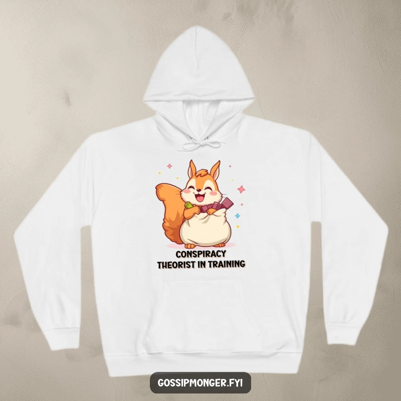 Funny hoodie featuring a joyful squirrel with legs overflowing bag of imaginary secrets, embodying playful mystery.