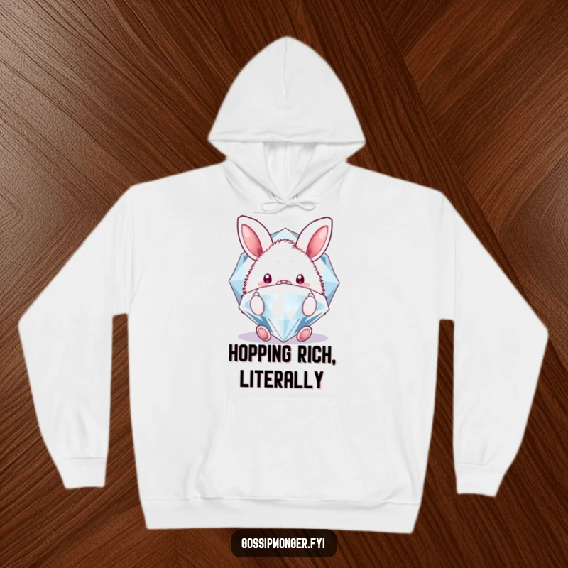 Funny hoodie featuring a fluffy bunny peeking from behind a large, sparkling diamond, offering cozy comfort with a hint of playful opulence.