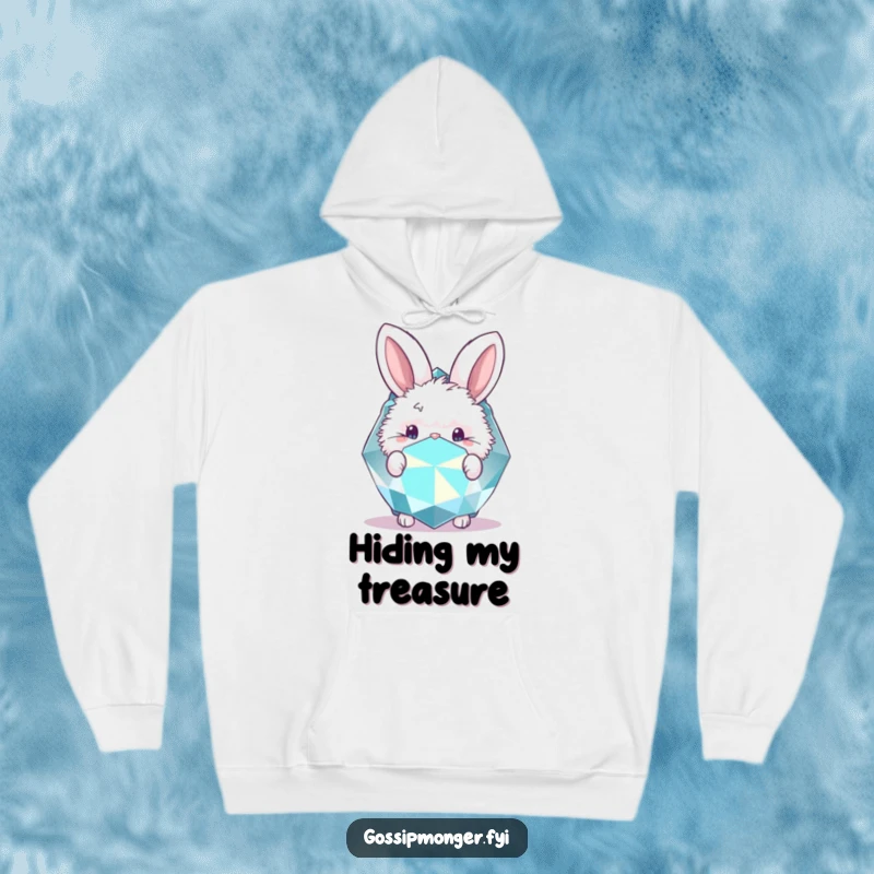 Funny hoodie with a cute bunny peeking from behind a big, sparkling gemstone. Cozy charm.
