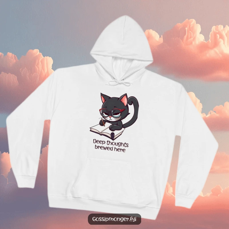Funny black cat wearing spectacles, furiously scribbling in a notebook with a quill, cozy hoodie design for writers and readers.