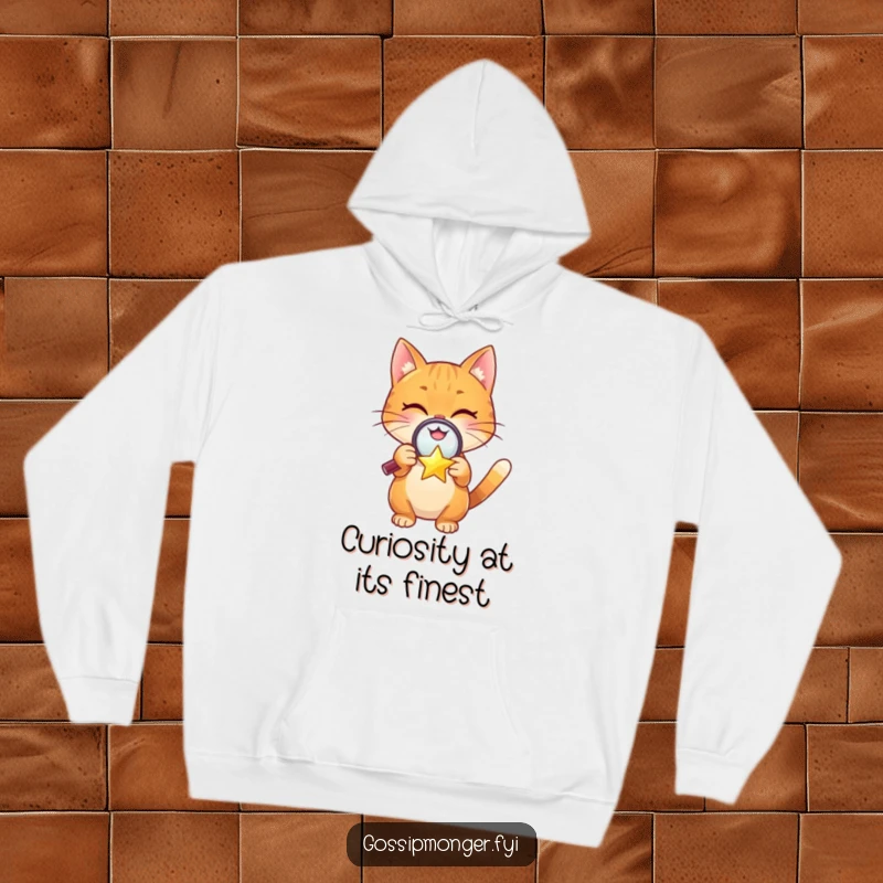 Funny hoodie featuring a cheerful orange cat peering through a magnifying glass at a tiny, winking star, radiating curiosity.