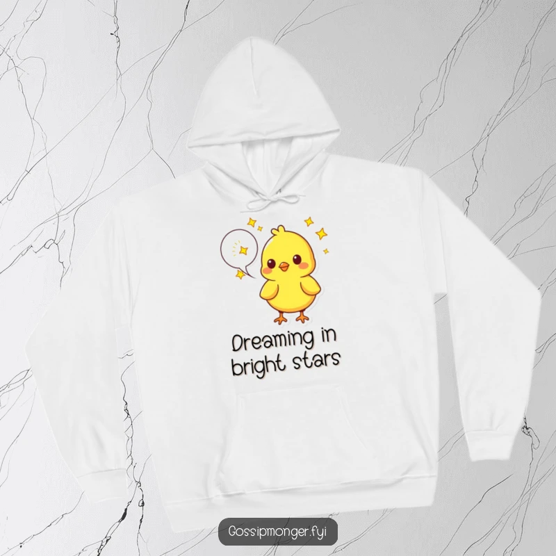 Funny Chick Hoodie: A bright yellow chick speaks dreams filled with twinkling stars, offering cozy and humorous wear.