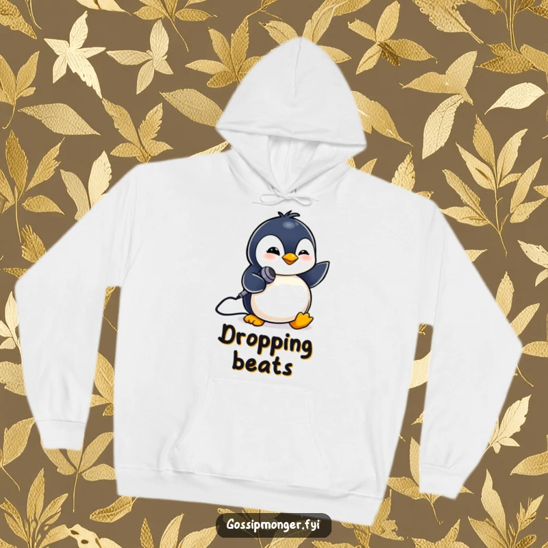 Funny hoodie with a tiny penguin winking and holding a miniature microphone. Music lover's gift.