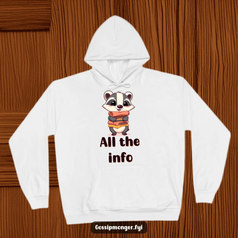 Funny hoodie depicting a cheerful badger balancing a stack of colorful, gossip-filled scrolls, designed for warmth and a touch of playful intrigue.