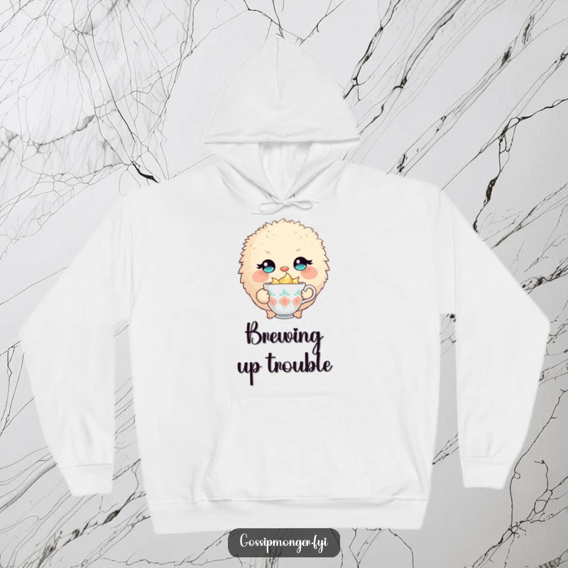Funny hoodie featuring a round, fluffy creature with sparkling eyes, winking slyly while holding a tiny, overflowing teacup.