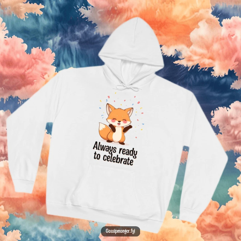 Funny fox hoodie featuring a giggling fox enthusiastically throwing colorful confetti into the air with its paws.