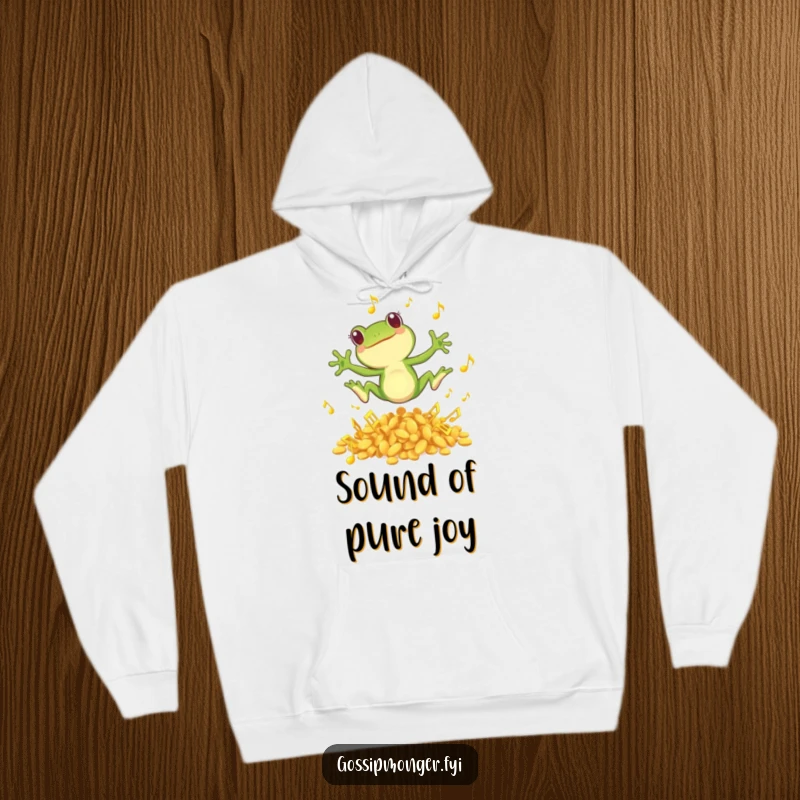 Funny hoodie featuring a small green frog joyfully leaping from a pile of golden musical notes, designed for cozy fun.