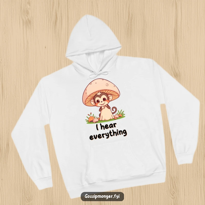 Funny hoodie with a mischievous monkey hiding and eavesdropping behind a giant mushroom, perfect for spies.