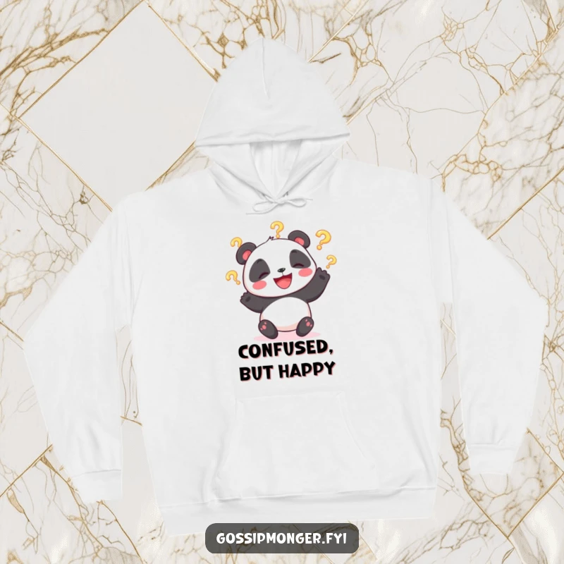 Funny hoodie depicting a giggling panda bear juggling three illuminated question marks, embodying playful confusion and fun.