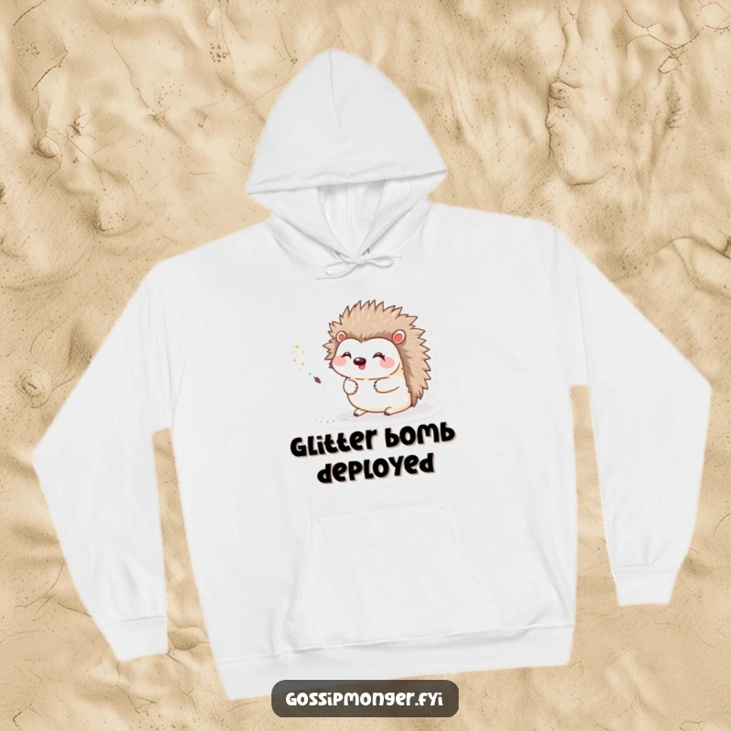 Funny Hoodie featuring a cute hedgehog artist diligently creating a shimmering trail of glitter with a tiny quill.
