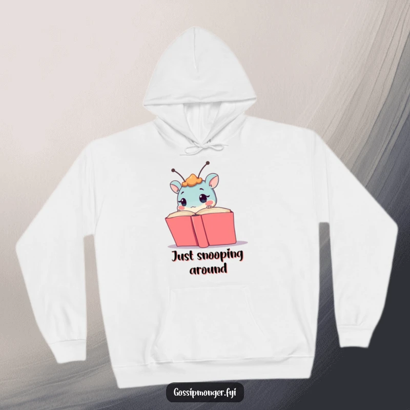 Funny creature with antennae peeking from a book, printed on a soft hoodie, offering warmth and a humorous, intellectual vibe.