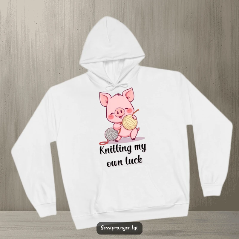 Funny piglet hoodie, spinning a yarn ball with excitement, rosy cheeks, soft fleece, cozy and playful design.