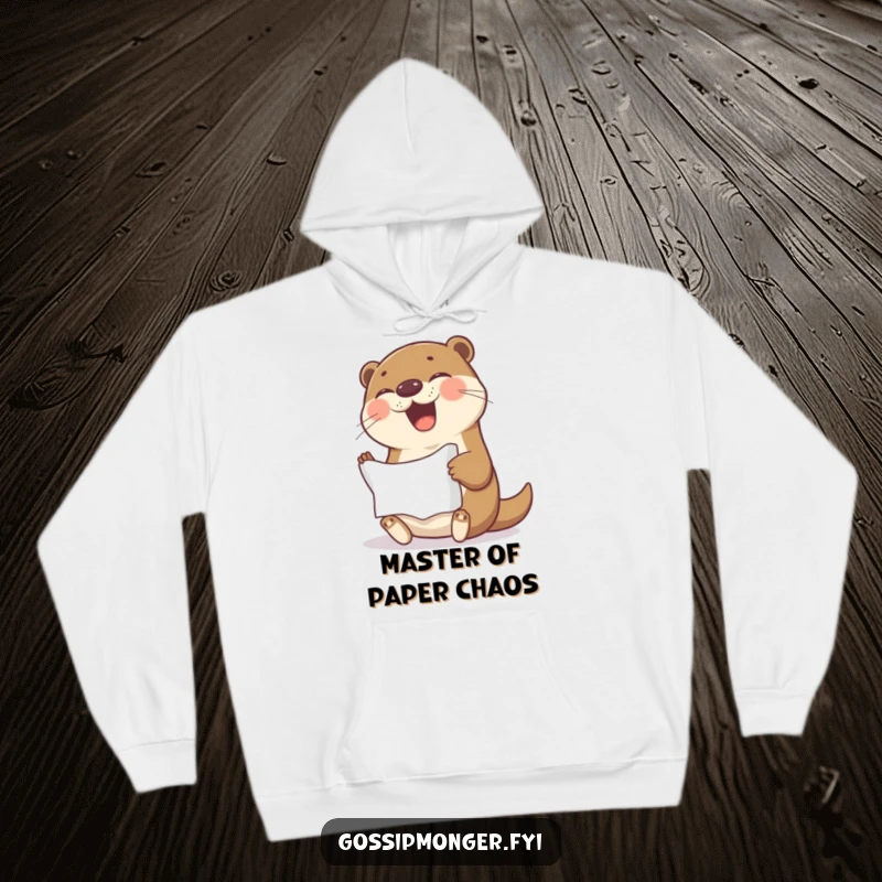Funny Hoodie: A joyful otter giggles heartily while holding a crumpled piece of paper, perfect for cozy, creative sessions.