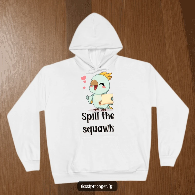Funny hoodie with a chatty parrot holding a tiny scroll, ready to announce important news with flair.