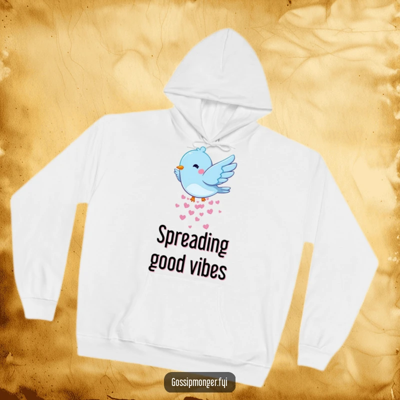 Funny Bluebird Hearts Hoodie: A soft hoodie depicting a bluebird fluttering its wings and dropping a shower of glittery hearts, radiating warmth.