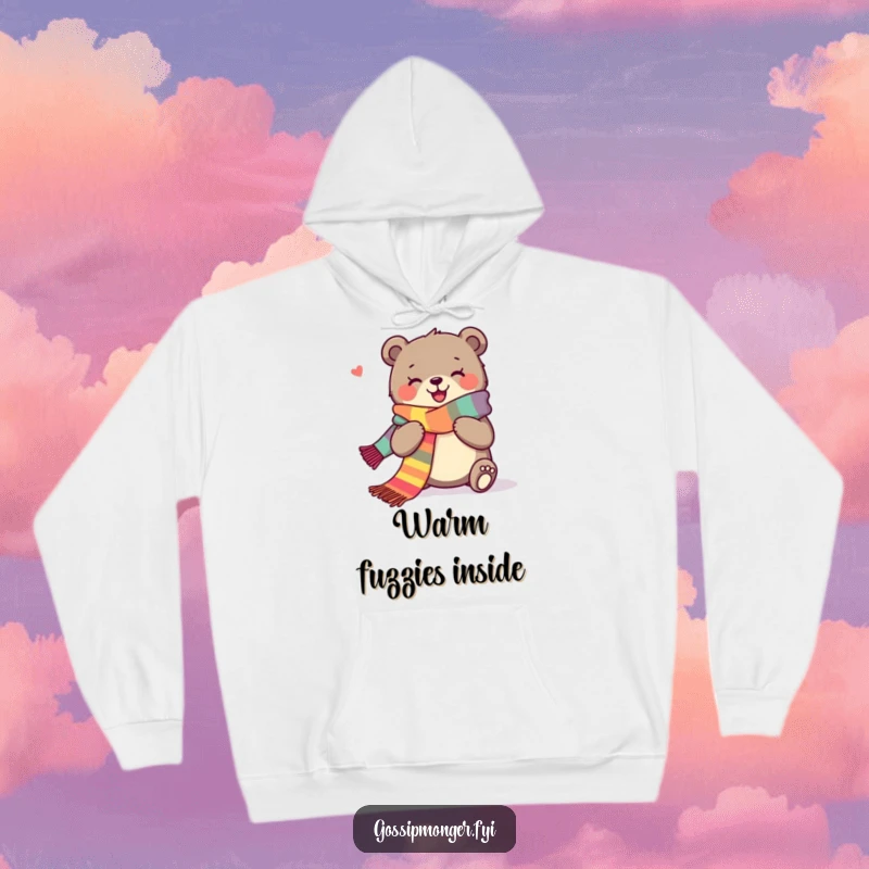 Funny hoodie depicting a joyous bear contentedly knitting a very long, vibrant scarf, symbolizing warmth.
