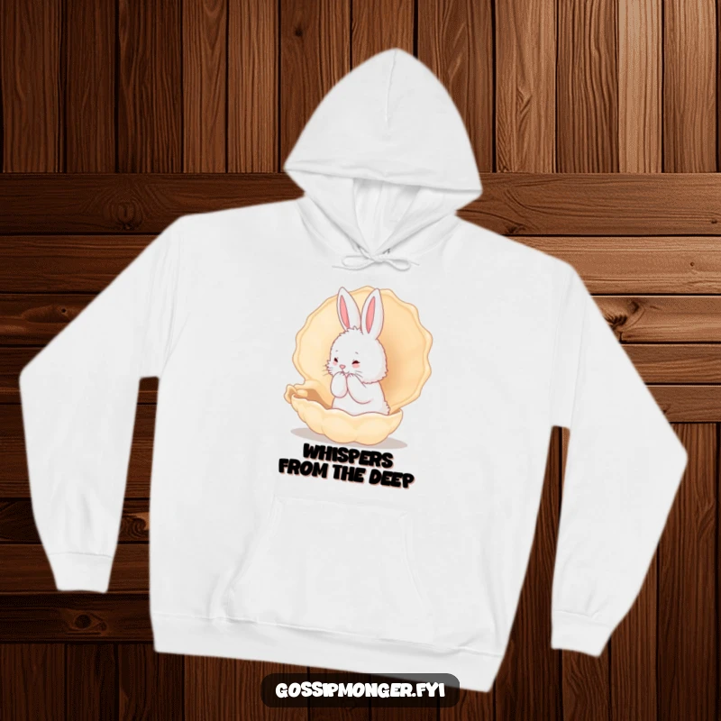 Funny Bunny Hoodie: A fluffy white rabbit whispers secrets into a giant conch shell, offering a humorous and cozy feel.