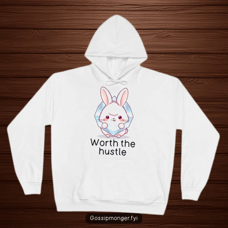 Funny hoodie depicting a round, fluffy bunny shyly peeking from behind a huge, glittering diamond, evoking feelings of excitement and playful discovery.