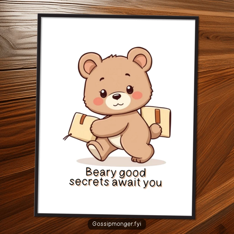 Funny Free Printable Wall Art: A cute bear cub tiptoes with a secret package, hinting at playful surprises.