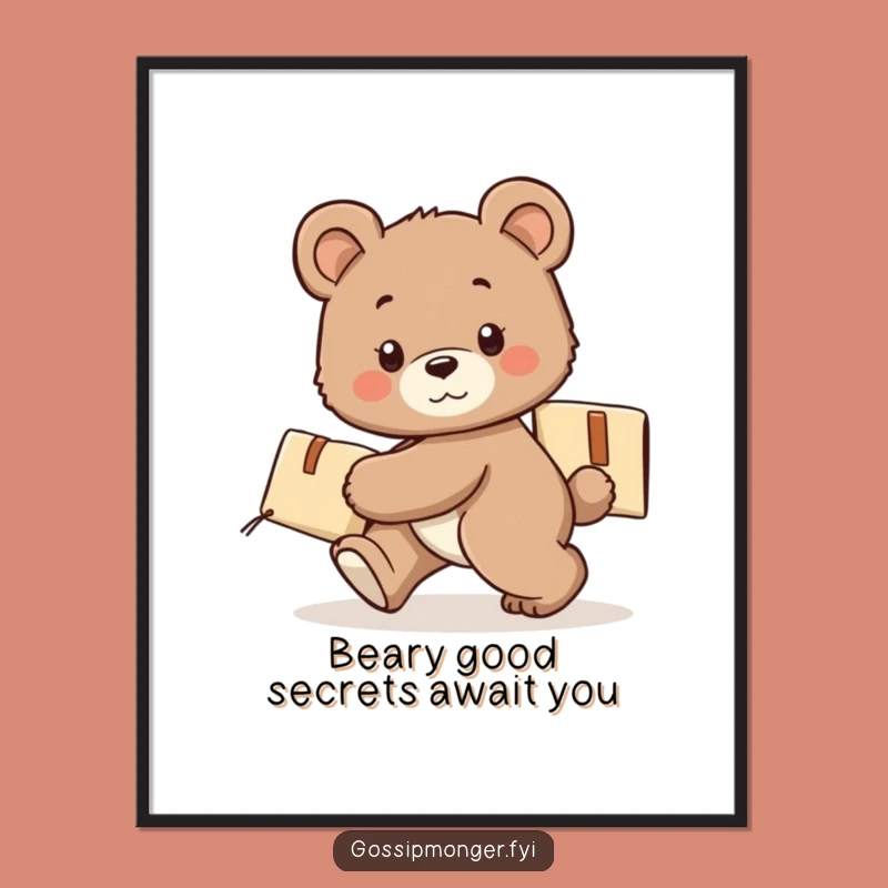 Free Printable Funny Wall Art: Bear Cub's Secret Package, Whimsical Downloadable Decor for Playful Spaces