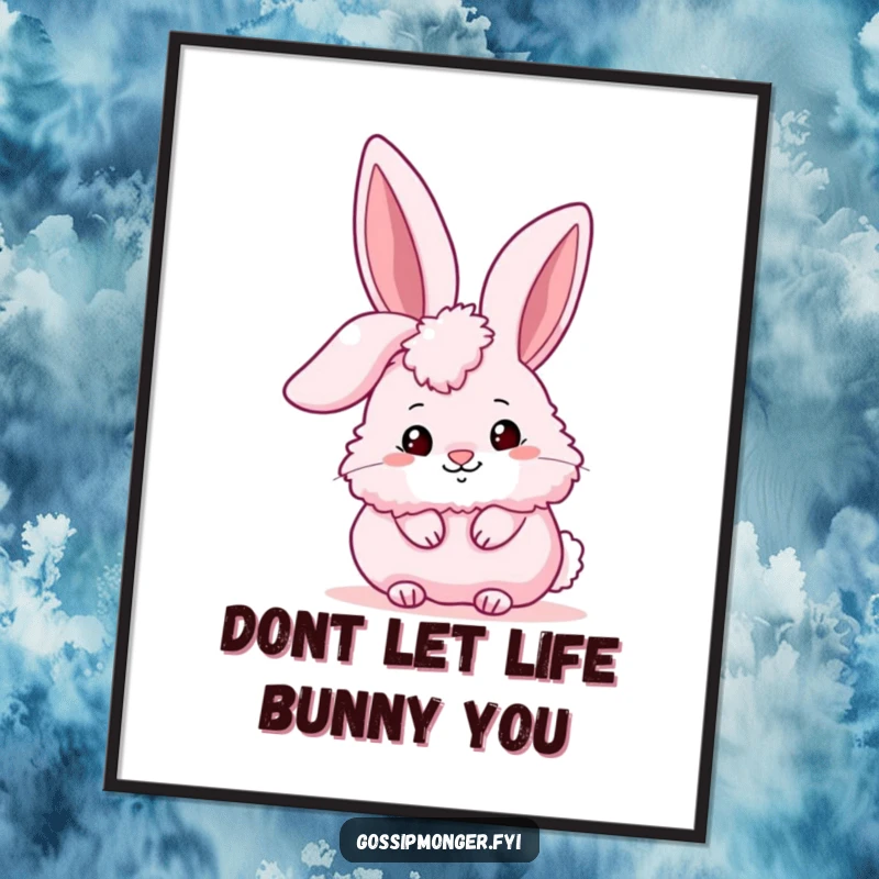 Funny Free Printable Wall Art showing a fluffy pink bunny peeking from behind a giant, stylized ear, with a conspiratorial expression.