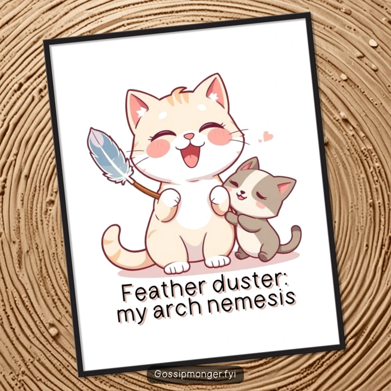 Funny Free Printable Wall Art: A giggling cat enthusiastically tickles a friend with a feather duster, creating mirth.