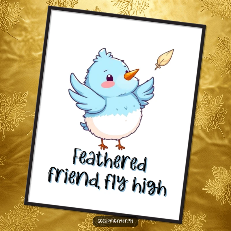Funny Free Printable Wall Art: A fluffy blue bird joyfully points its wing at a single, floating feather against a plain background.