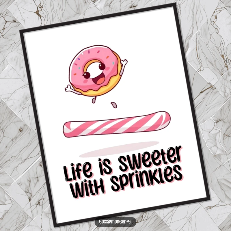 Funny Free Printable Wall Art: A happy donut joyfully bouncing with abandon on a giant, festive candy cane, radiating pure delight.