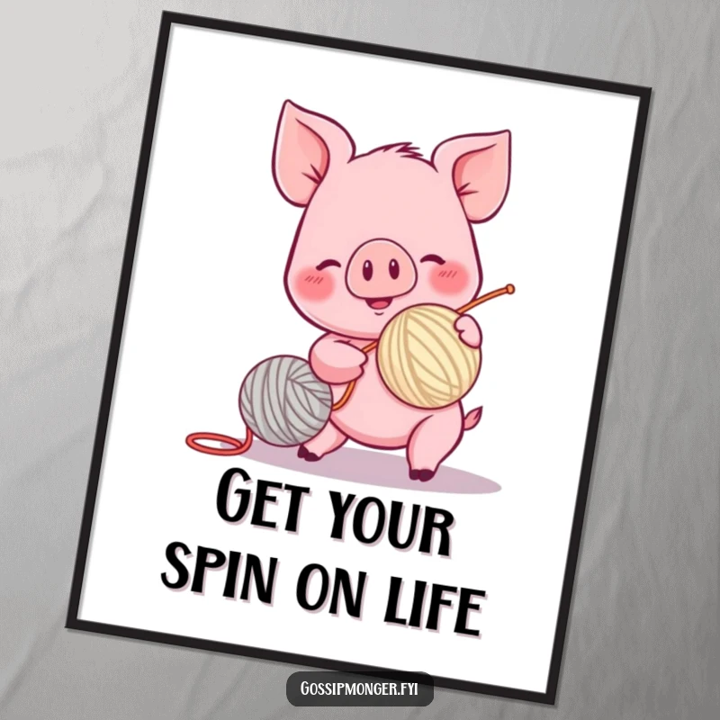 Funny Free Printable Wall Art: A pink piglet with rosy cheeks excitedly spins a yarn ball, radiating cheerful energy.