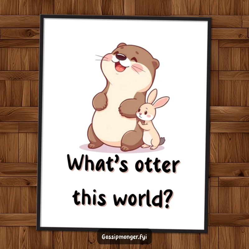 Funny Free Printable Wall Art of a delighted otter slapping its belly, captivated by a tiny rabbit's whispered secret, creating whimsical decor.