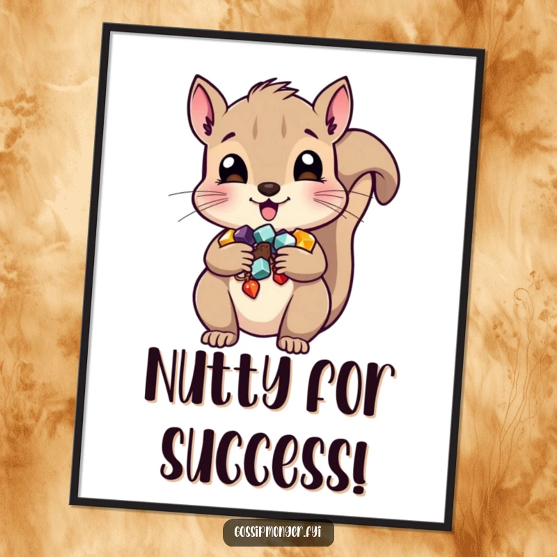 Funny Free Printable Squirrel Wall Art, a cartoon squirrel hoarding shiny trinkets in its cheeks, adding playful decor to your home.