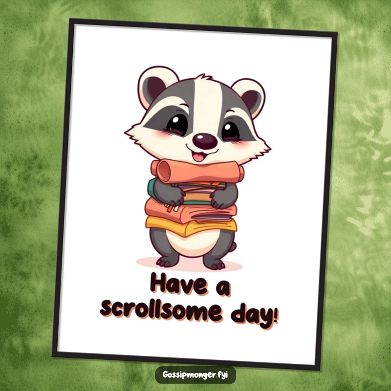 Funny free printable wall art: a cheerful badger balances a stack of colorful scrolls filled with intriguing gossip.