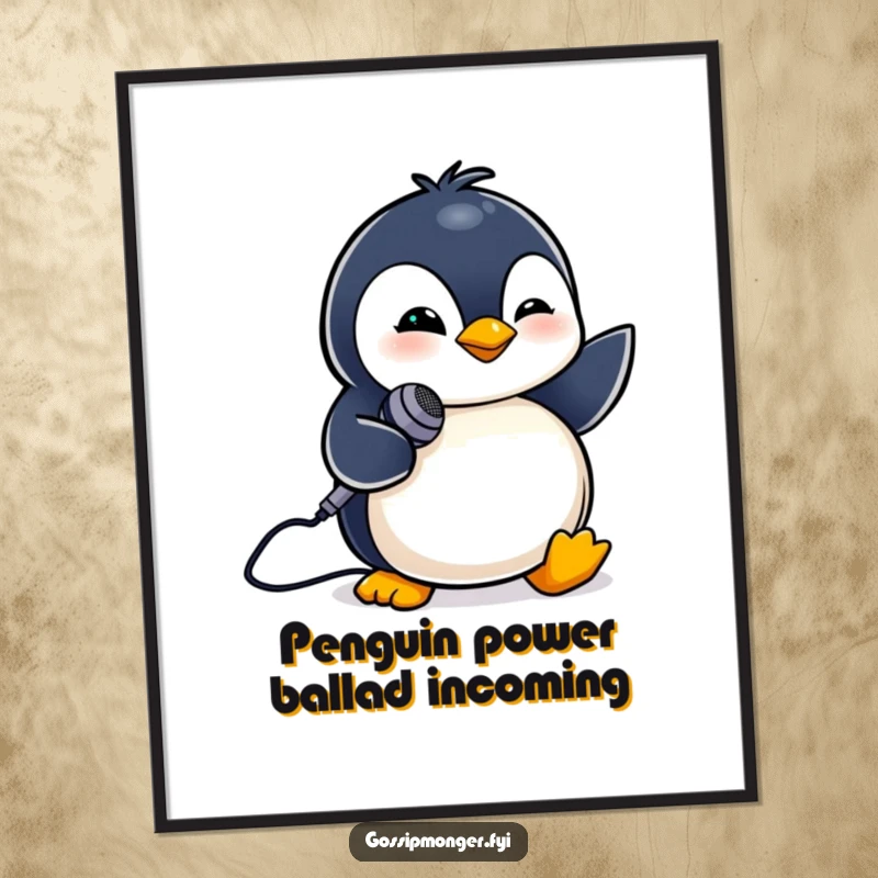 Funny Free Printable Wall Art: A tiny penguin winks confidently while holding a small microphone, ready for its spotlight.