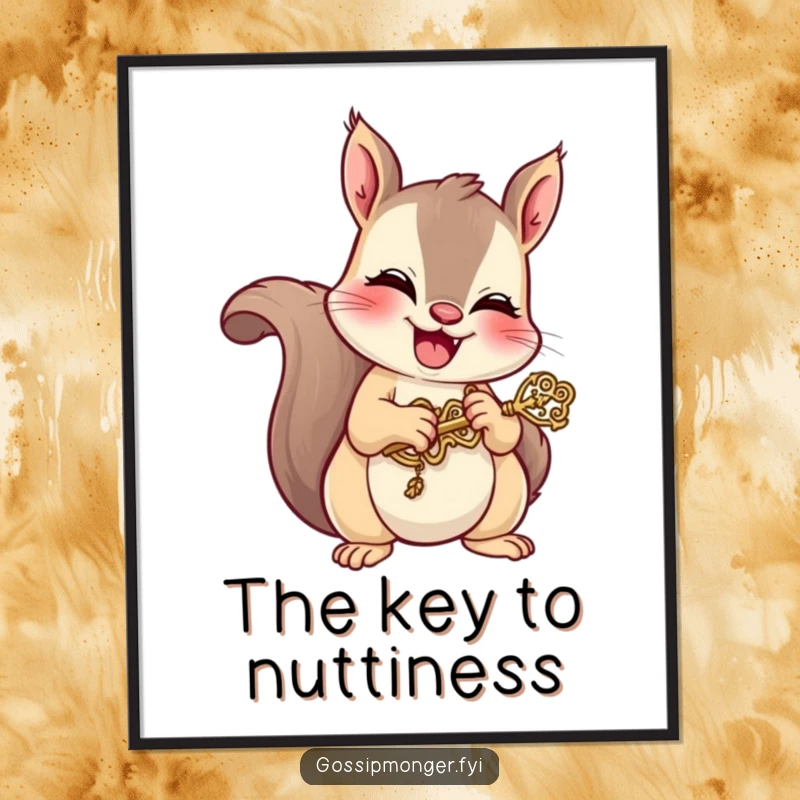 Funny free printable wall art: a mischievous squirrel giggles while holding a tiny, ornate key, hinting at secrets.