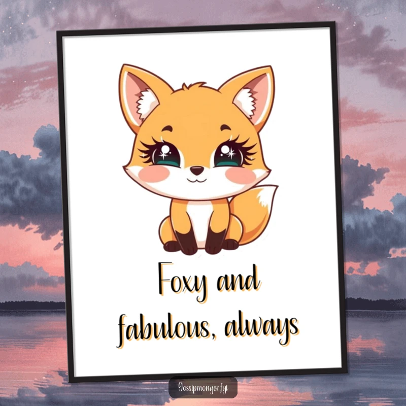 Funny Free Printable Wall Art: Cheerful fox with oversized, sparkly eyelashes batting playfully, glamorous downloadable decor.