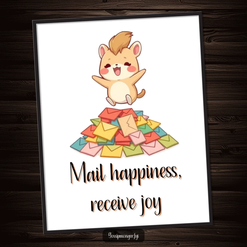 Funny Free Printable Wall Art of a happy creature with a bushy tail bouncing on a stack of tiny colorful envelopes.