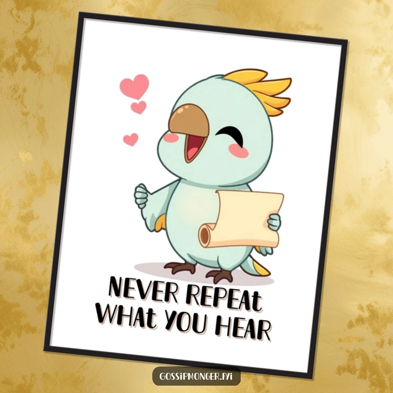 Funny Free Printable Wall Art featuring a talkative parrot, beak agape, excitedly presenting a tiny scroll of colorful, humorous messages.